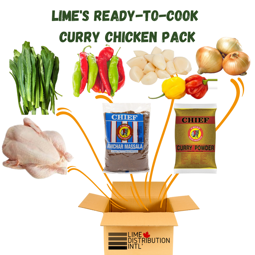 LIME'S READY TO COOK CURRY CHICKEN KIT  Freshly Imported seasoning from Trinidad and Tobago and Halal Drake  This Kit includes:   - Pimento - 6 oz  - Chadon Benni - 4 oz   - Pack of peeled garlic - 3.5 oz  - Yellow Onion - 2 Whole Onion  - Scotch Bonnet - 3 oz (3-4 Peppers)  - Chief brand Curry Powder - 85 g  - Chief brand Amchar Massala - 85 g  - Salt and Pepper Shaker - .75 oz  - Halal Drake (Cut: Small Pieces)    